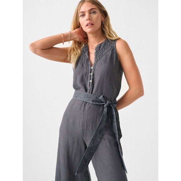 Faherty Hermosa Linen Jumpsuit in Washed Black Full Length Button Size Large NEW - Picture 12 of 13